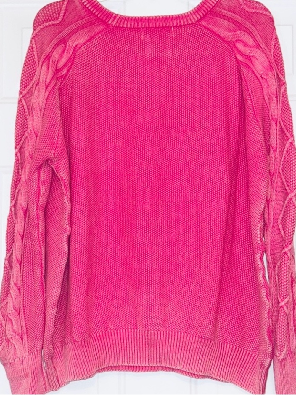 Zenana Cotton Sweater L Cable Knit Sleeves White Wash Pink Textured Relaxed Fit